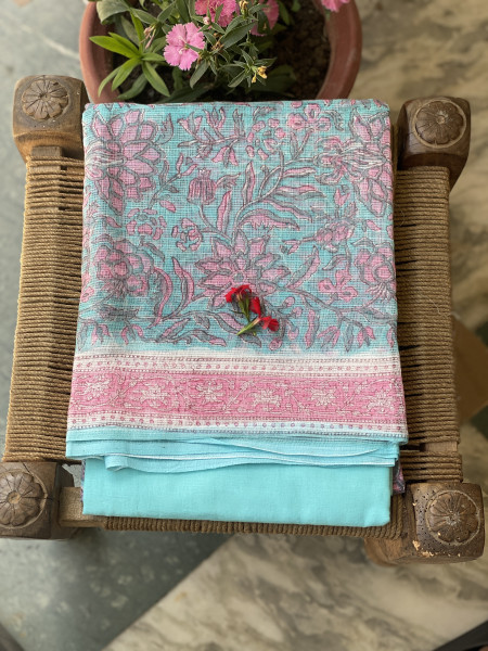 AQUA-OFF WHITE HAND BLOCK PRINT KOTA DUPATTA SET