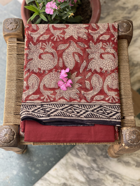 MAROON-BEIGE HAND BLOCK "BAGH" PRINT KOTA DUPATTA SET