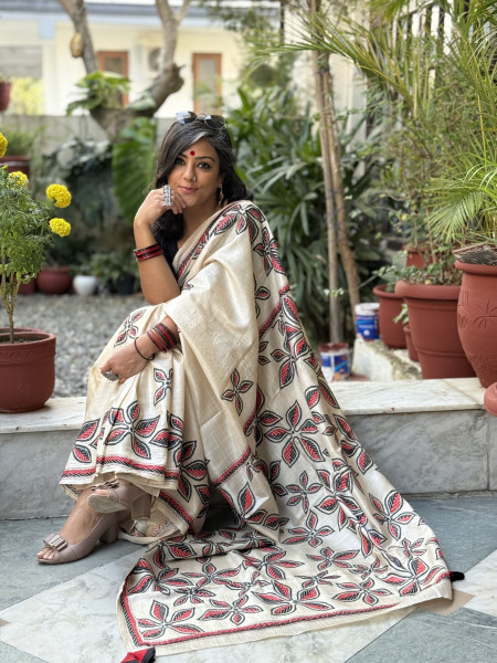 BEIGE KANTHA HAND EMBROIDERED TUSSAR  SILK SARI