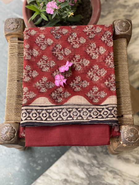 MAROON-BEIGE HAND BLOCK "BAGH" PRINT KOTA DUPATTA SET