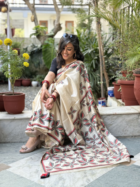 BEIGE KANTHA HAND EMBROIDERED TUSSAR  SILK SARI