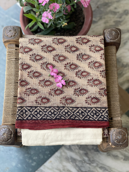 BEIGE-MAROON HAND BLOCK "BAGH" PRINT KOTA DUPATTA SET