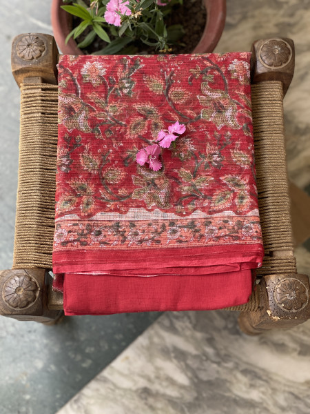 RED-OFF WHITE HAND BLOCK PRINT KOTA DUPATTA SET