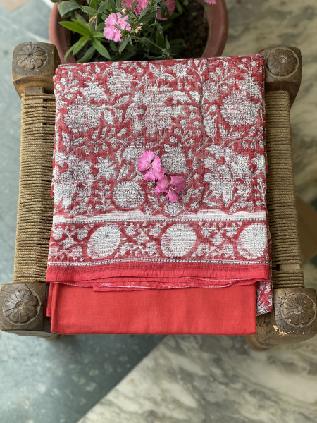 RED-OFF WHITE HAND BLOCK PRINT KOTA DUPATTA SET