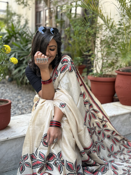 BEIGE KANTHA HAND EMBROIDERED TUSSAR  SILK SARI
