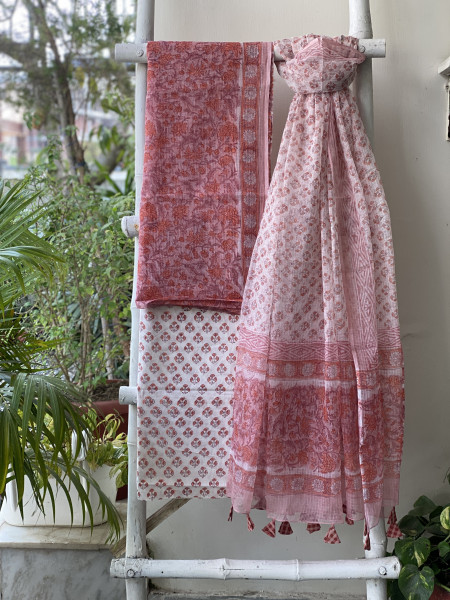 PEACH-OFF WHITE HAND BLOCK PRINT KOTA DUPATTA SET
