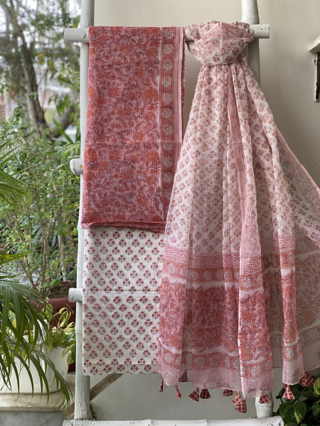 PEACH-OFF WHITE HAND BLOCK PRINT KOTA DUPATTA SET