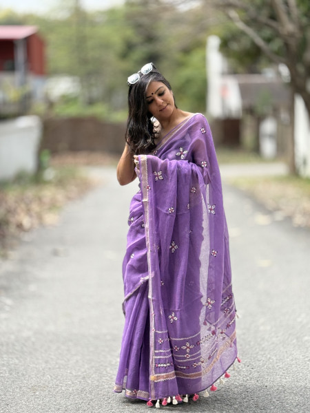 PURPLE  KOTA COTTON HAND EMBROIDERED SARI