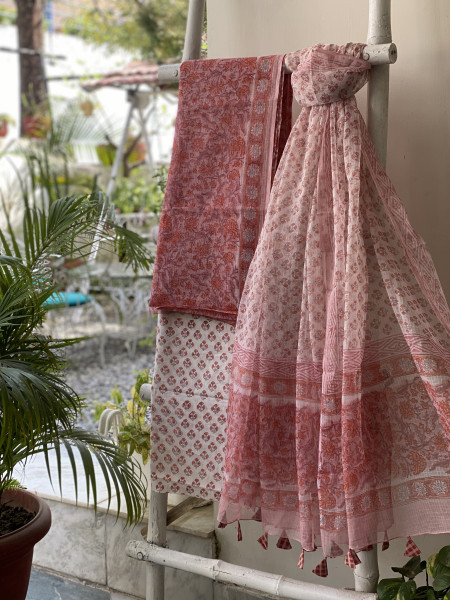 PEACH-OFF WHITE HAND BLOCK PRINT KOTA DUPATTA SET