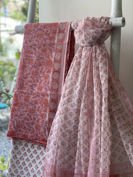 PEACH-OFF WHITE HAND BLOCK PRINT KOTA DUPATTA SET