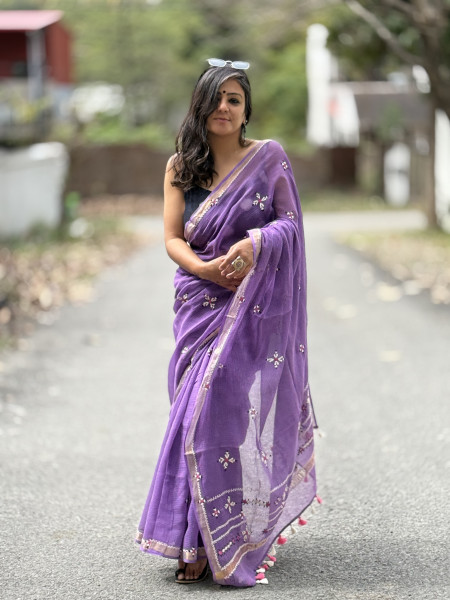 PURPLE  KOTA COTTON HAND EMBROIDERED SARI