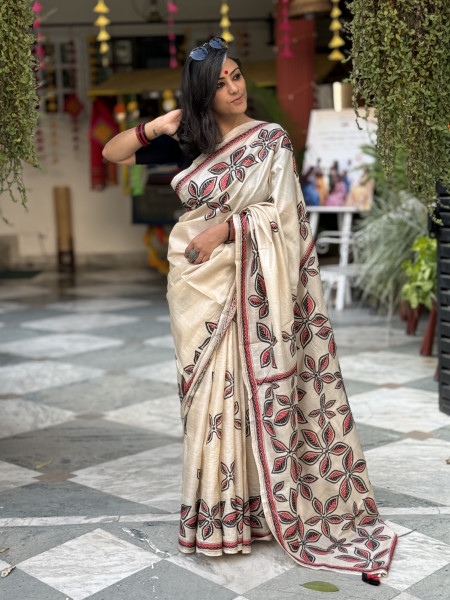 BEIGE KANTHA HAND EMBROIDERED TUSSAR  SILK SARI