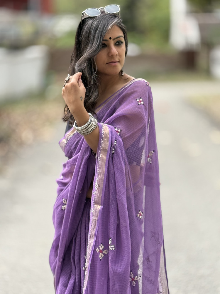 Image of PURPLE  KOTA COTTON HAND EMBROIDERED SARI