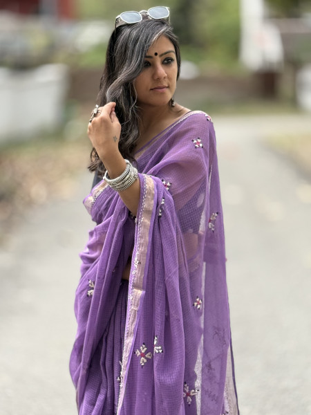 PURPLE  KOTA COTTON HAND EMBROIDERED SARI