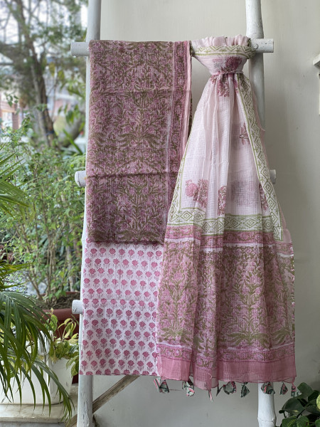 PINK-OFF WHITE HAND BLOCK PRINT KOTA DUPATTA SET