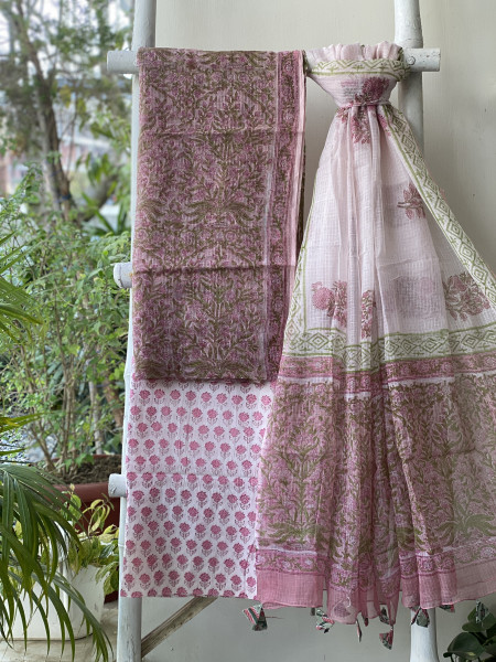 PINK-OFF WHITE HAND BLOCK PRINT KOTA DUPATTA SET