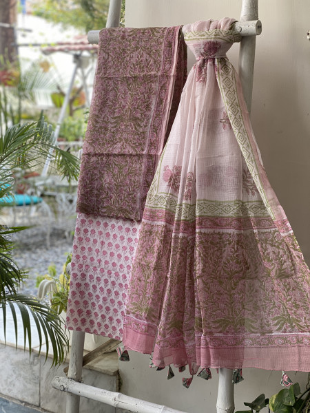 PINK-OFF WHITE HAND BLOCK PRINT KOTA DUPATTA SET