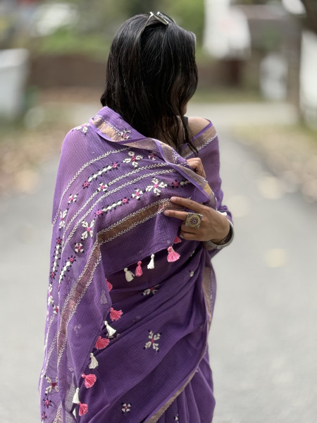 PURPLE  KOTA COTTON HAND EMBROIDERED SARI