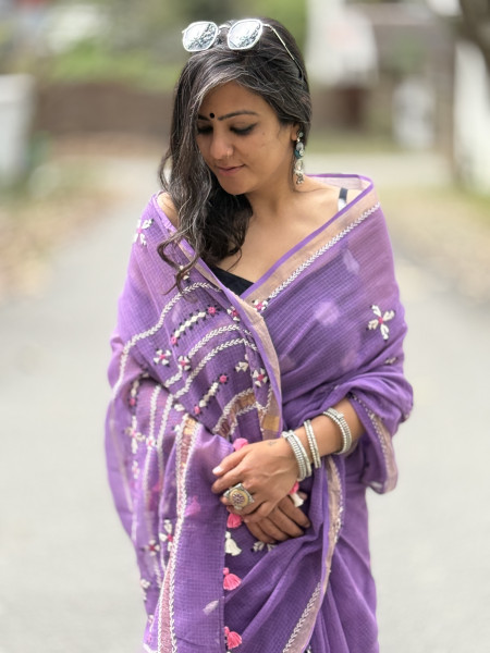 PURPLE  KOTA COTTON HAND EMBROIDERED SARI