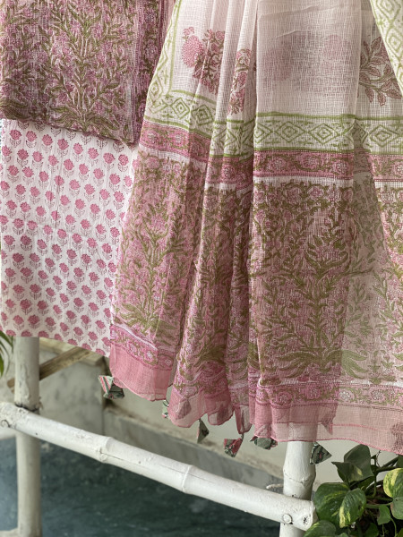 PINK-OFF WHITE HAND BLOCK PRINT KOTA DUPATTA SET