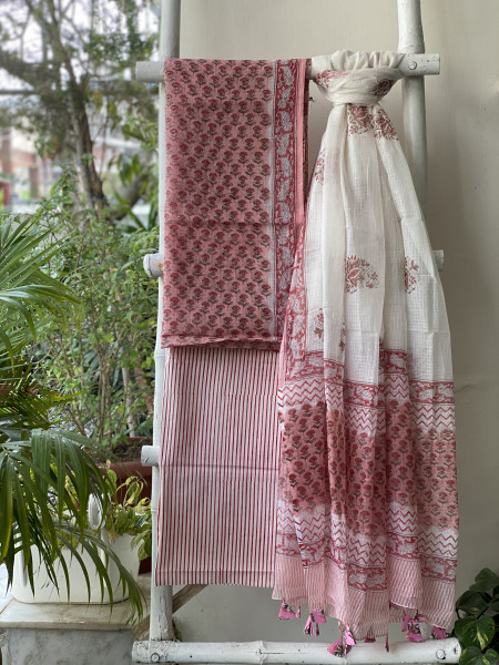 PEACH-OFF WHITE HAND BLOCK PRINT KOTA DUPATTA SET