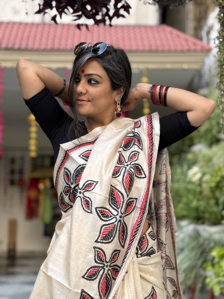 BEIGE KANTHA HAND EMBROIDERED TUSSAR  SILK SARI