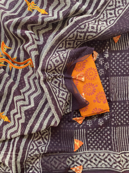 CHERRY HAND BLOCK PRINT EMBROIDERED COTTON KOTA SARI