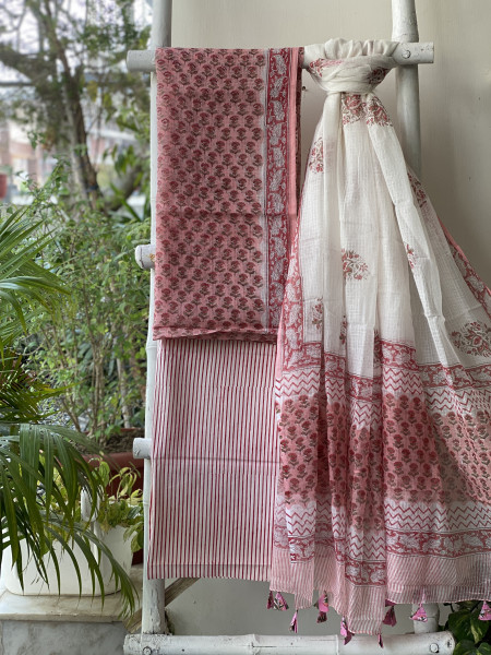 PEACH-OFF WHITE HAND BLOCK PRINT KOTA DUPATTA SET