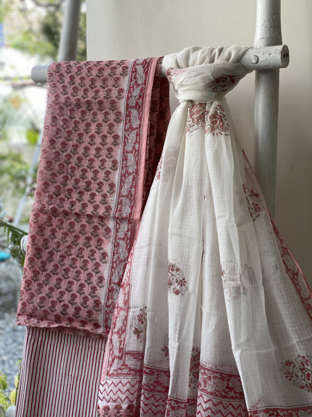 PEACH-OFF WHITE HAND BLOCK PRINT KOTA DUPATTA SET
