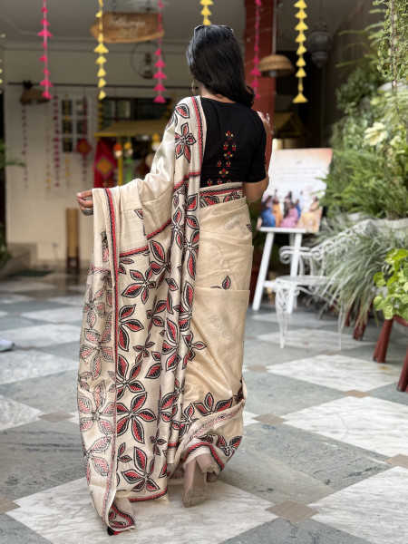 BEIGE KANTHA HAND EMBROIDERED TUSSAR  SILK SARI