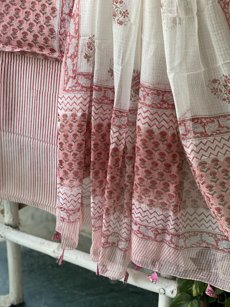 PEACH-OFF WHITE HAND BLOCK PRINT KOTA DUPATTA SET