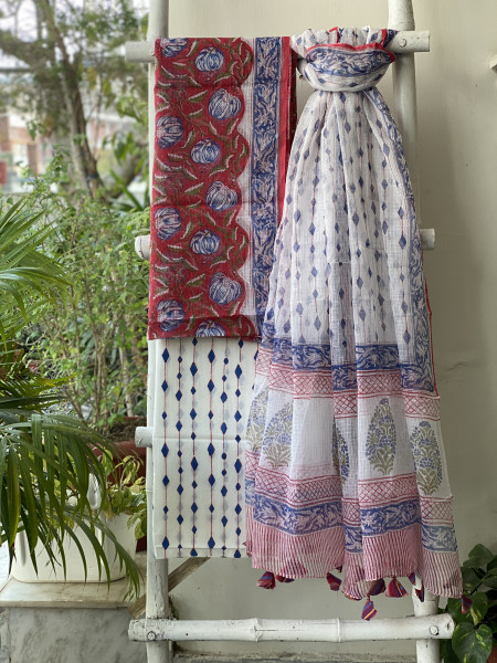 RED-OFF WHITE HAND BLOCK PRINT KOTA DUPATTA SET