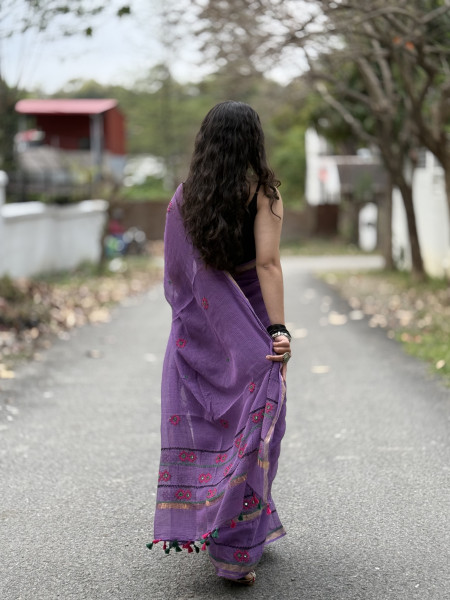 PURPLE  KOTA COTTON HAND EMBROIDERED SARI