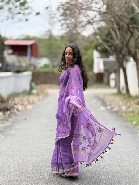 PURPLE  KOTA COTTON HAND EMBROIDERED SARI
