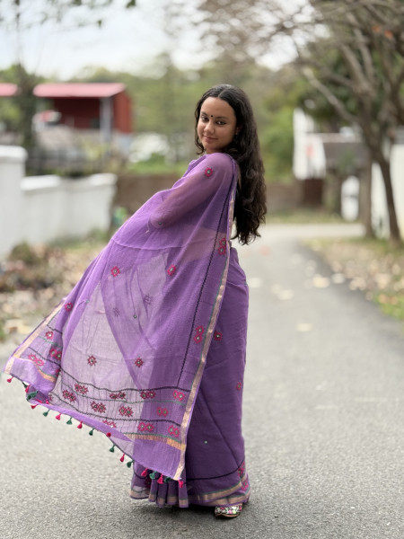 PURPLE  KOTA COTTON HAND EMBROIDERED SARI