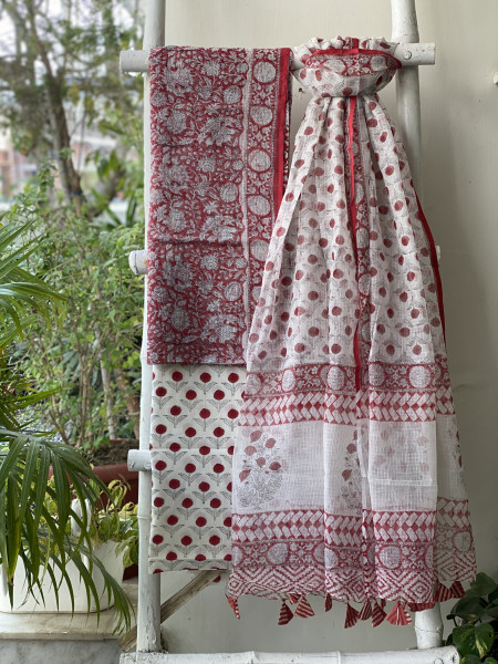 RED-OFF WHITE HAND BLOCK PRINT KOTA DUPATTA SET