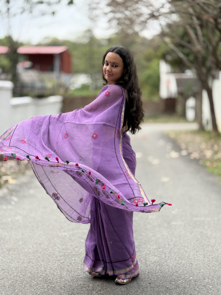 PURPLE  KOTA COTTON HAND EMBROIDERED SARI
