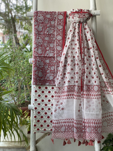 RED-OFF WHITE HAND BLOCK PRINT KOTA DUPATTA SET