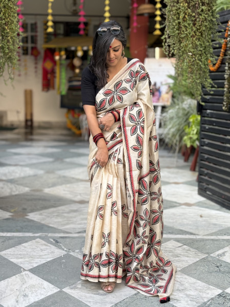 BEIGE KANTHA HAND EMBROIDERED TUSSAR  SILK SARI