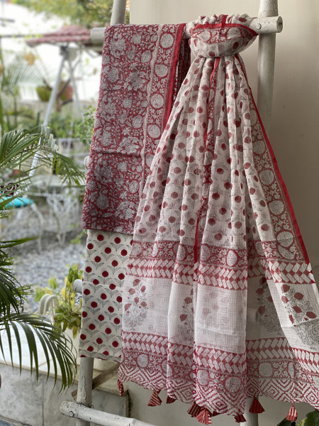 RED-OFF WHITE HAND BLOCK PRINT KOTA DUPATTA SET