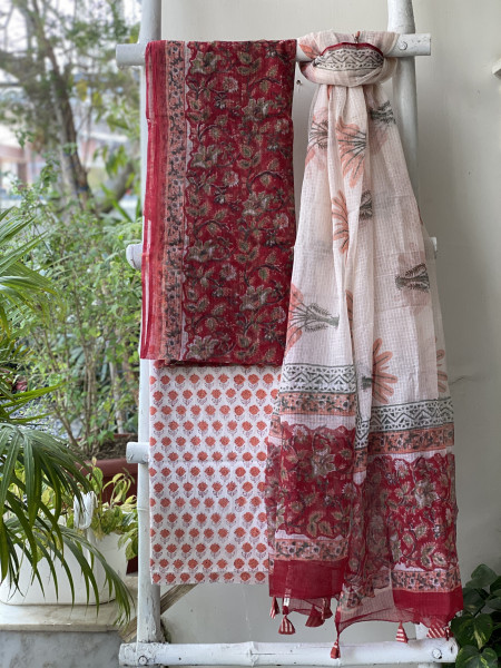 RED-OFF WHITE HAND BLOCK PRINT KOTA DUPATTA SET