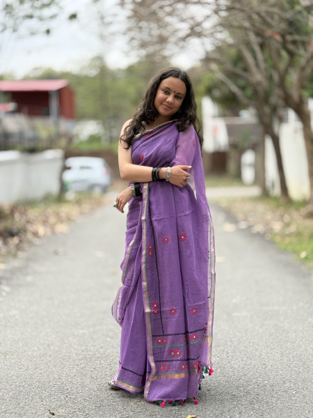 PURPLE  KOTA COTTON HAND EMBROIDERED SARI