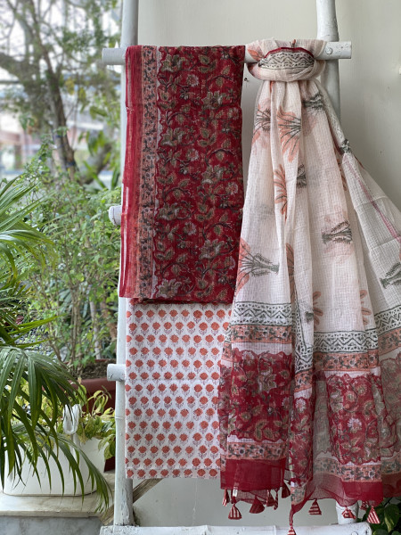 RED-OFF WHITE HAND BLOCK PRINT KOTA DUPATTA SET