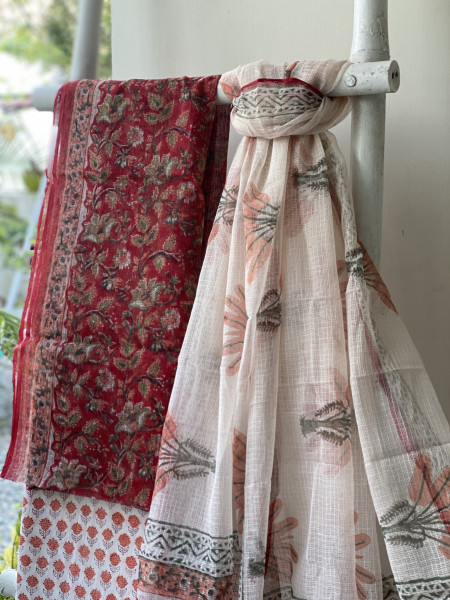 RED-OFF WHITE HAND BLOCK PRINT KOTA DUPATTA SET
