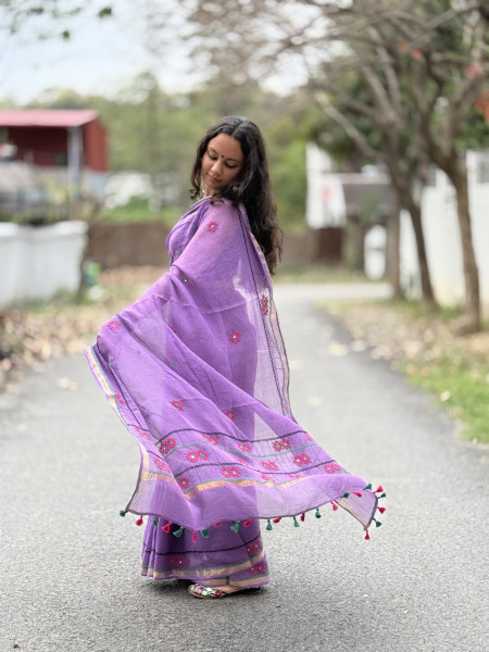 PURPLE  KOTA COTTON HAND EMBROIDERED SARI