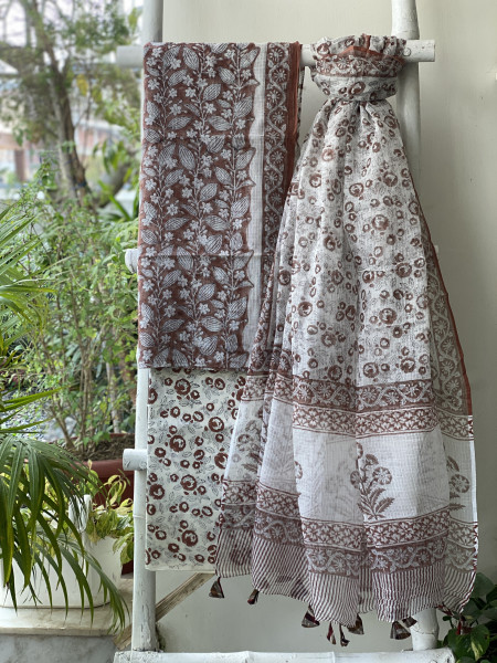 BROWN-OFF WHITE HAND BLOCK PRINT KOTA DUPATTA SET