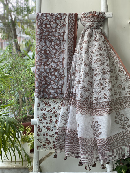 BROWN-OFF WHITE HAND BLOCK PRINT KOTA DUPATTA SET