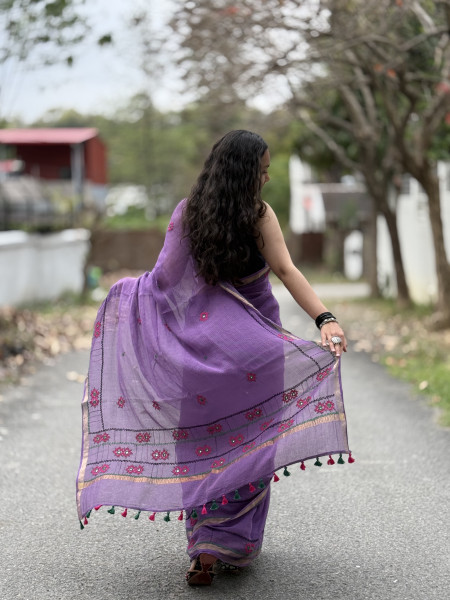 PURPLE  KOTA COTTON HAND EMBROIDERED SARI