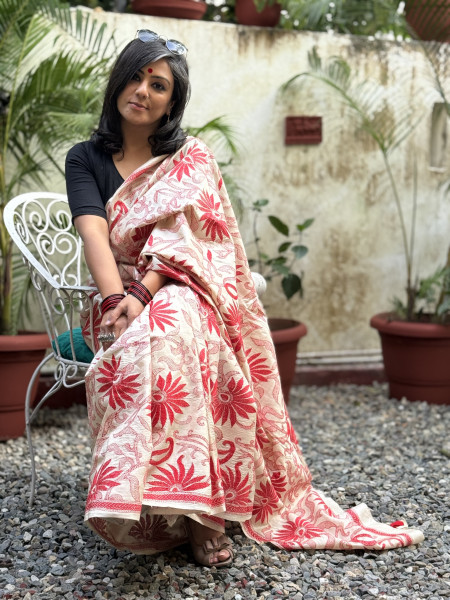 BEIGE KANTHA HAND EMBROIDERED TUSSAR  SILK SARI