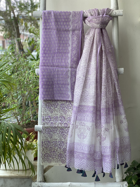 LAVENDER-OFF WHITE HAND BLOCK PRINT KOTA DUPATTA SET